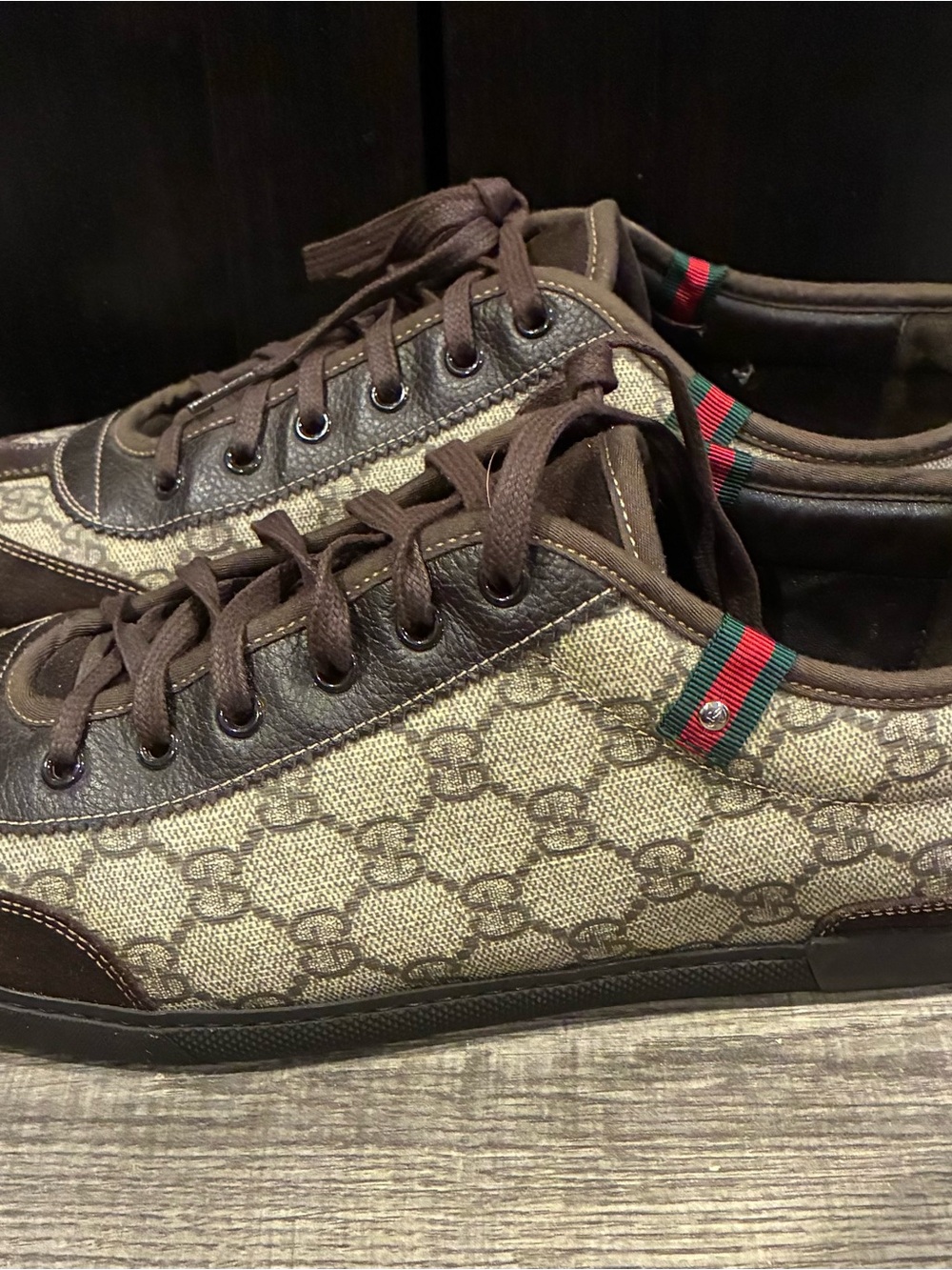 Gucci GG Supreme Canvas Leather Low Top Sneakers Brown Size 12G